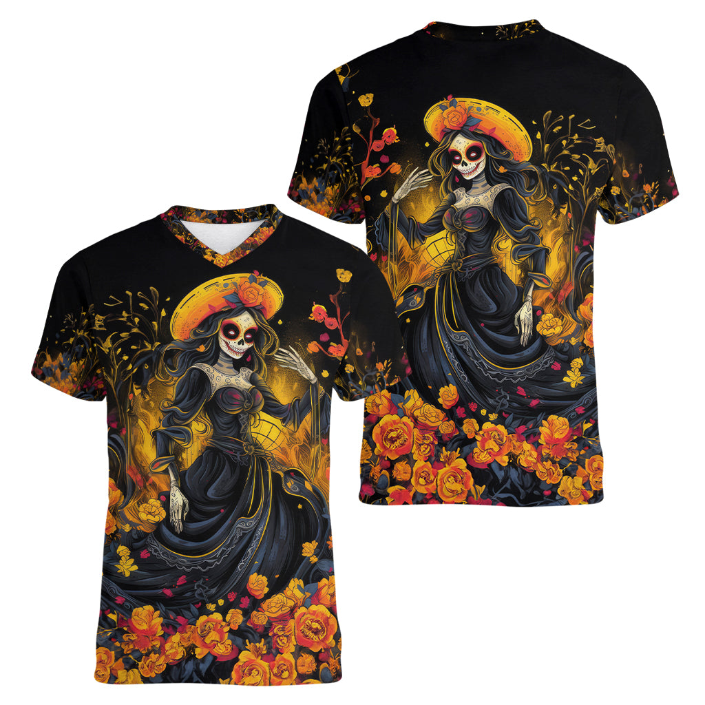 Day of Dead Lady Women V Neck T Shirt Sugar Skull Field Marigold Lady - Wonder Print Shop