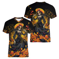 Day of Dead Lady Women V Neck T Shirt Sugar Skull Field Marigold Lady - Wonder Print Shop