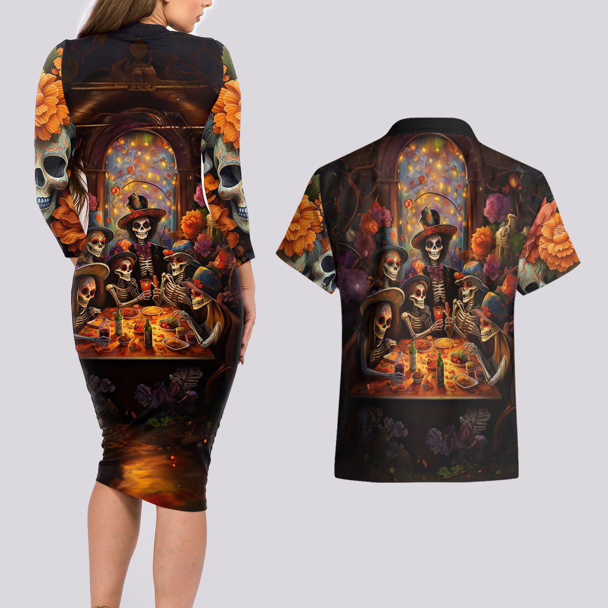 Day of Dead Festival Couples Matching Long Sleeve Bodycon Dress and Hawaiian Shirt Sugar Skull Party Family - Wonder Print Shop