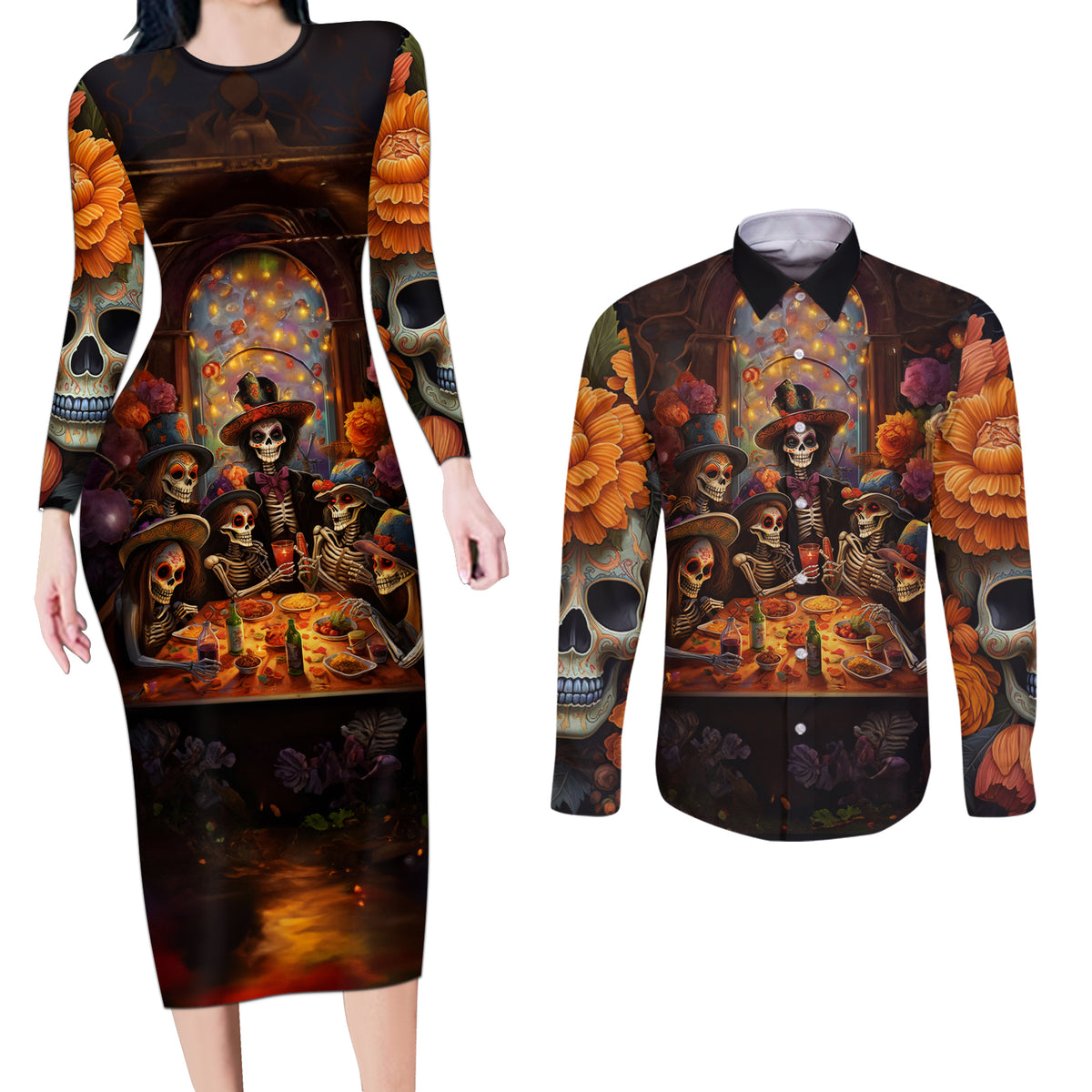 Day of Dead Festival Couples Matching Long Sleeve Bodycon Dress and Long Sleeve Button Shirt Sugar Skull Party Family - Wonder Print Shop