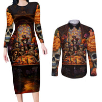 Day of Dead Festival Couples Matching Long Sleeve Bodycon Dress and Long Sleeve Button Shirt Sugar Skull Party Family - Wonder Print Shop