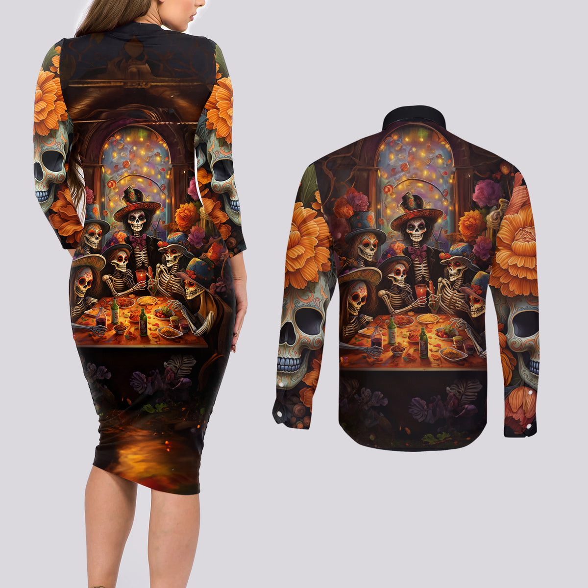 Day of Dead Festival Couples Matching Long Sleeve Bodycon Dress and Long Sleeve Button Shirt Sugar Skull Party Family - Wonder Print Shop