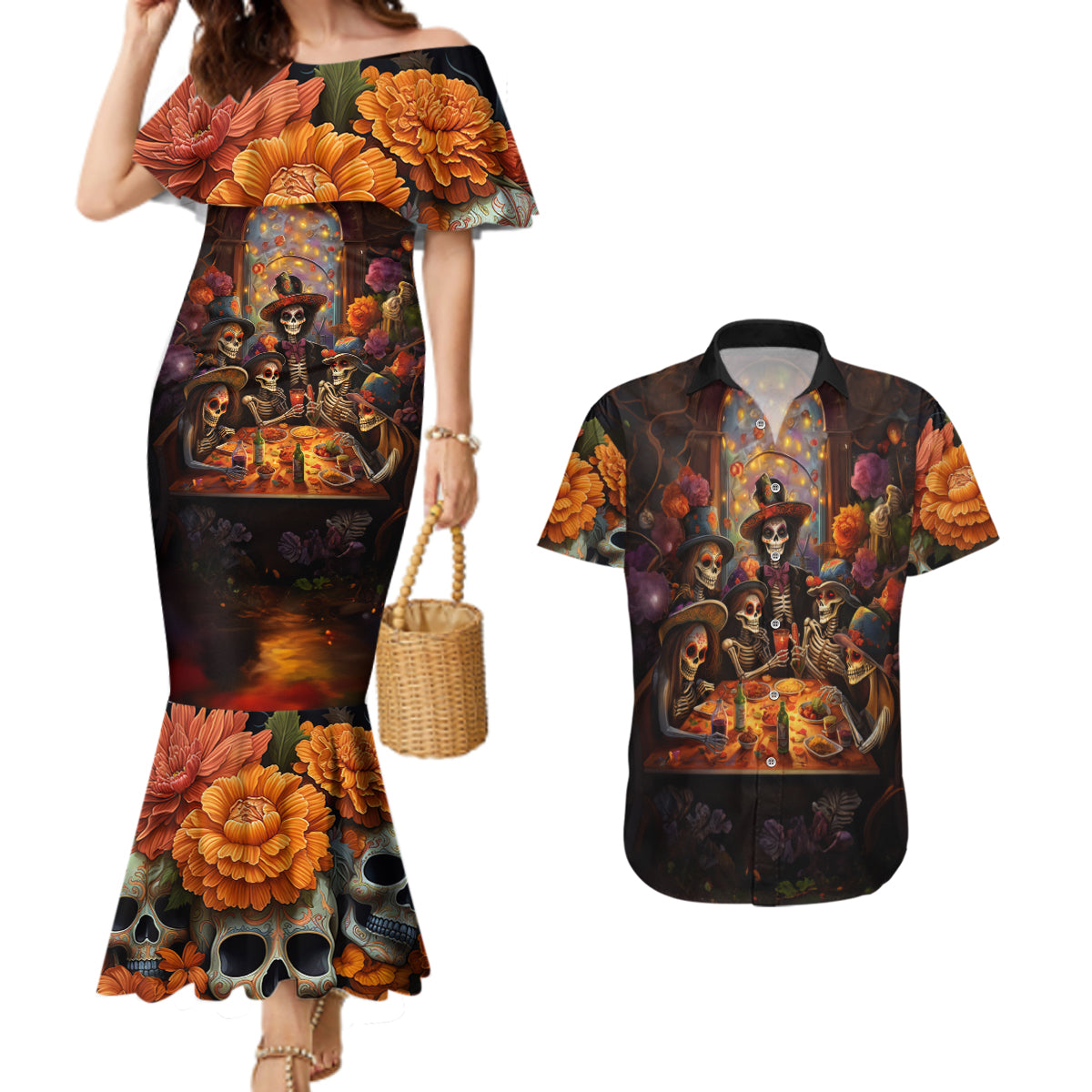 Day of Dead Festival Couples Matching Mermaid Dress and Hawaiian Shirt Sugar Skull Party Family - Wonder Print Shop