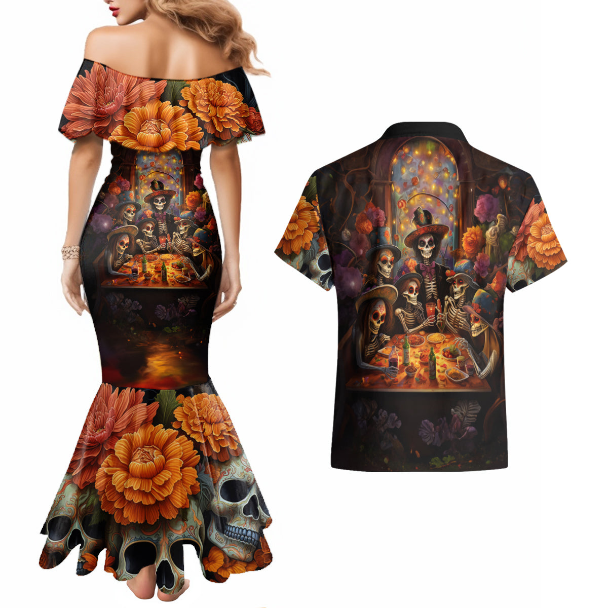 Day of Dead Festival Couples Matching Mermaid Dress and Hawaiian Shirt Sugar Skull Party Family - Wonder Print Shop