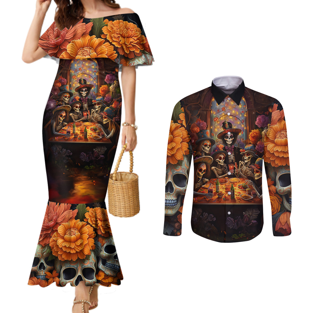 day-of-dead-festival-couples-matching-mermaid-dress-and-long-sleeve-button-shirt-sugar-skull-party-family