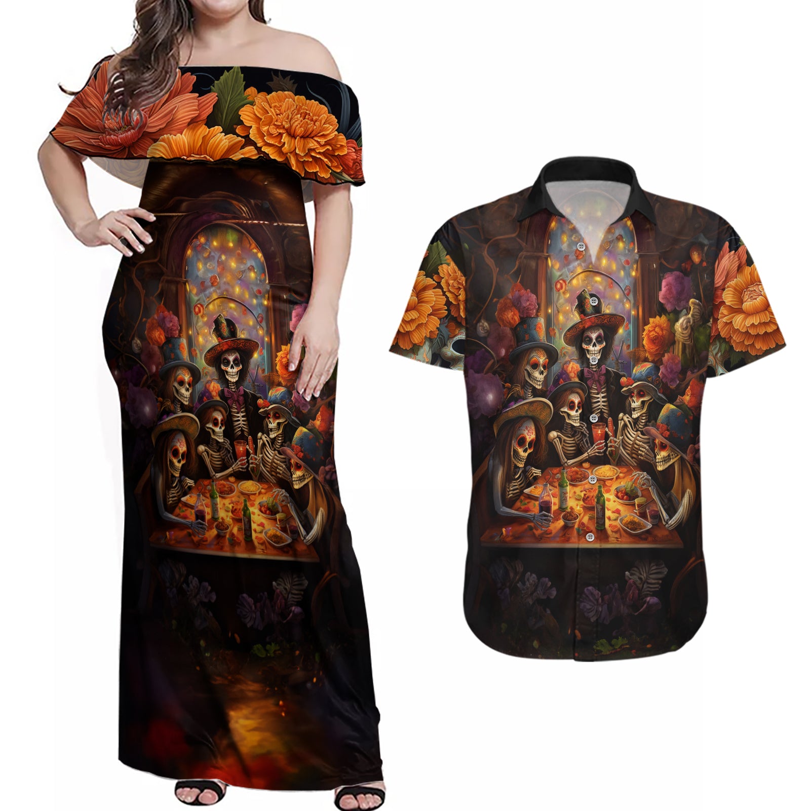 Day of Dead Festival Couples Matching Off Shoulder Maxi Dress and Hawaiian Shirt Sugar Skull Party Family - Wonder Print Shop