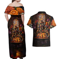 Day of Dead Festival Couples Matching Off Shoulder Maxi Dress and Hawaiian Shirt Sugar Skull Party Family - Wonder Print Shop