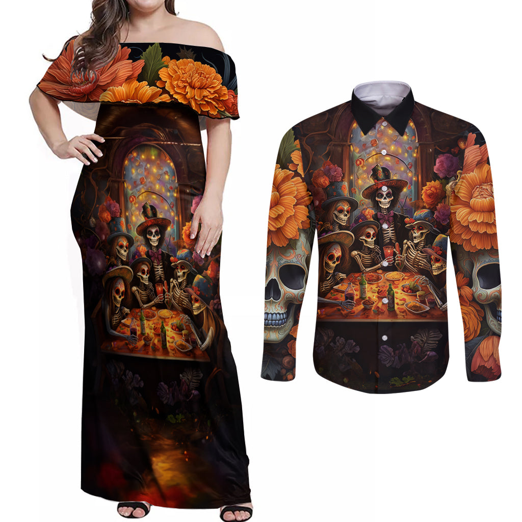 Day of Dead Festival Couples Matching Off Shoulder Maxi Dress and Long Sleeve Button Shirt Sugar Skull Party Family - Wonder Print Shop