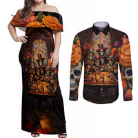 Day of Dead Festival Couples Matching Off Shoulder Maxi Dress and Long Sleeve Button Shirt Sugar Skull Party Family - Wonder Print Shop