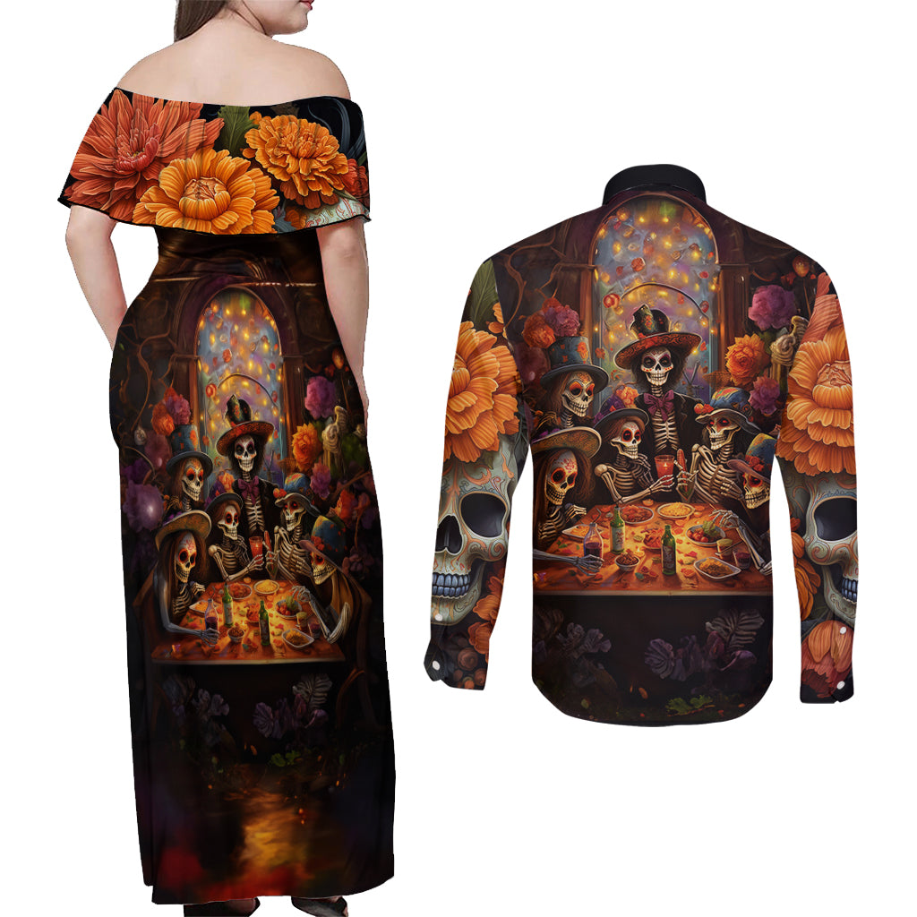 Day of Dead Festival Couples Matching Off Shoulder Maxi Dress and Long Sleeve Button Shirt Sugar Skull Party Family - Wonder Print Shop