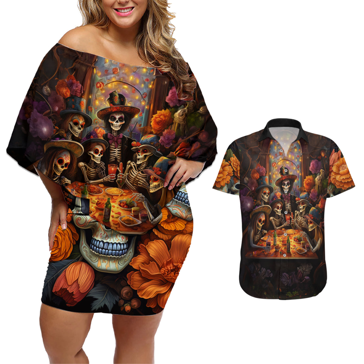 Day of Dead Festival Couples Matching Off Shoulder Short Dress and Hawaiian Shirt Sugar Skull Party Family - Wonder Print Shop