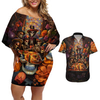 Day of Dead Festival Couples Matching Off Shoulder Short Dress and Hawaiian Shirt Sugar Skull Party Family - Wonder Print Shop