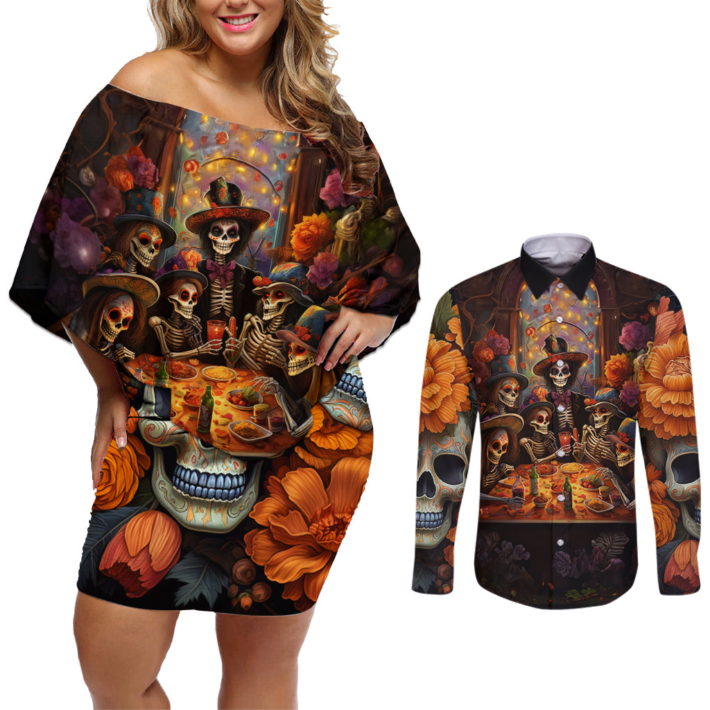 Day of Dead Festival Couples Matching Off Shoulder Short Dress and Long Sleeve Button Shirt Sugar Skull Party Family - Wonder Print Shop