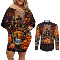 Day of Dead Festival Couples Matching Off Shoulder Short Dress and Long Sleeve Button Shirt Sugar Skull Party Family - Wonder Print Shop