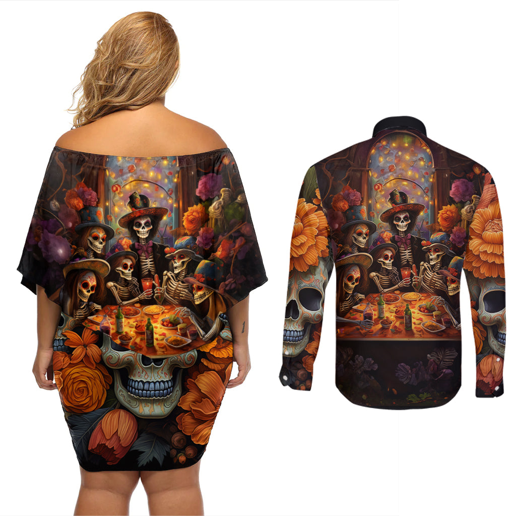 Day of Dead Festival Couples Matching Off Shoulder Short Dress and Long Sleeve Button Shirt Sugar Skull Party Family - Wonder Print Shop