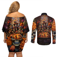 Day of Dead Festival Couples Matching Off Shoulder Short Dress and Long Sleeve Button Shirt Sugar Skull Party Family - Wonder Print Shop