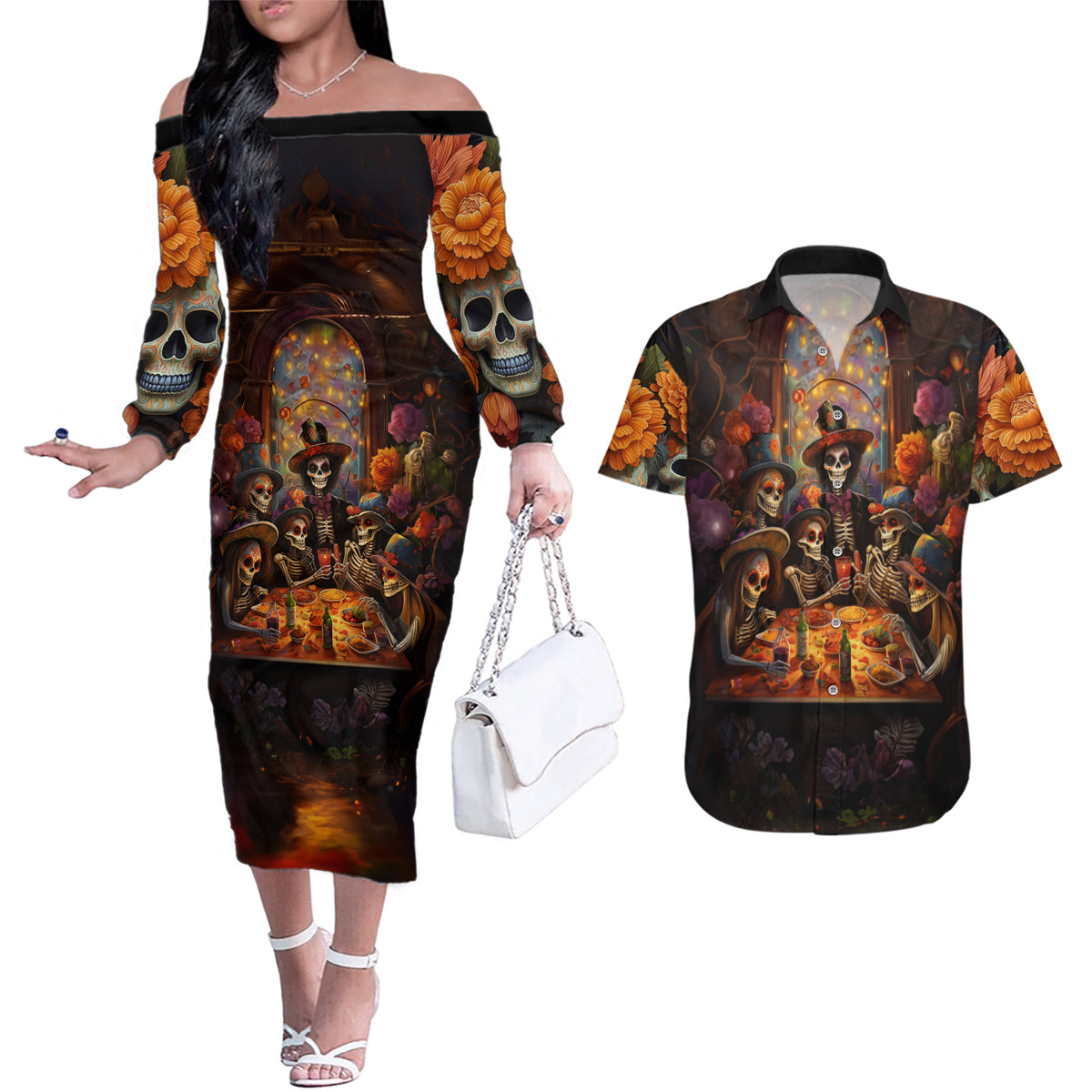 Day of Dead Festival Couples Matching Off The Shoulder Long Sleeve Dress and Hawaiian Shirt Sugar Skull Party Family - Wonder Print Shop