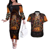 Day of Dead Festival Couples Matching Off The Shoulder Long Sleeve Dress and Hawaiian Shirt Sugar Skull Party Family - Wonder Print Shop