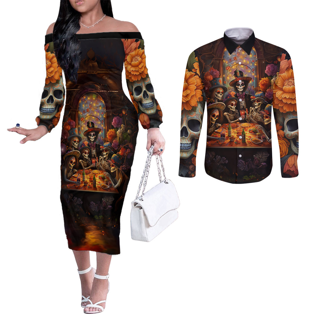 day-of-dead-festival-couples-matching-off-the-shoulder-long-sleeve-dress-and-long-sleeve-button-shirt-sugar-skull-party-family