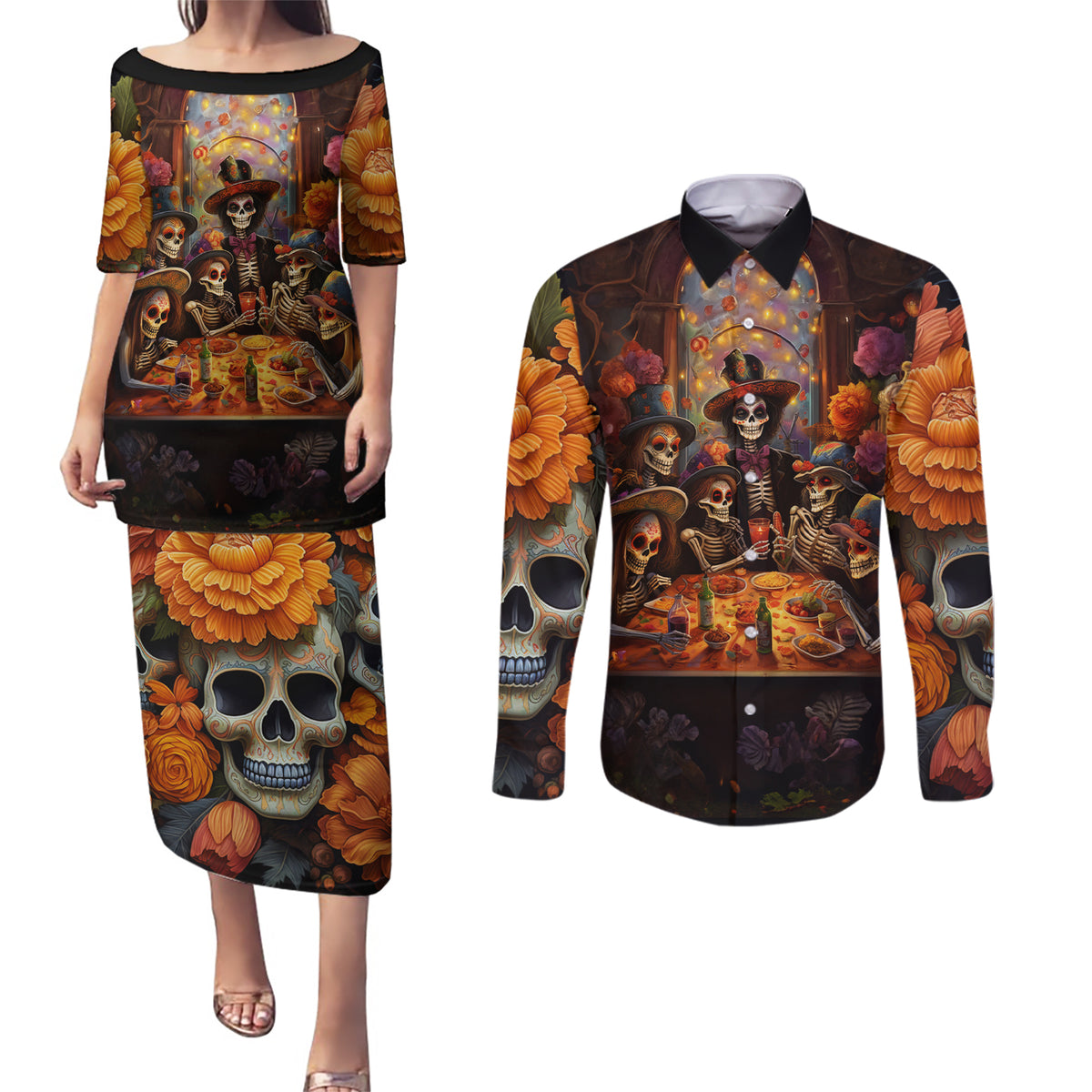 Day of Dead Festival Couples Matching Puletasi Dress and Long Sleeve Button Shirt Sugar Skull Party Family - Wonder Print Shop