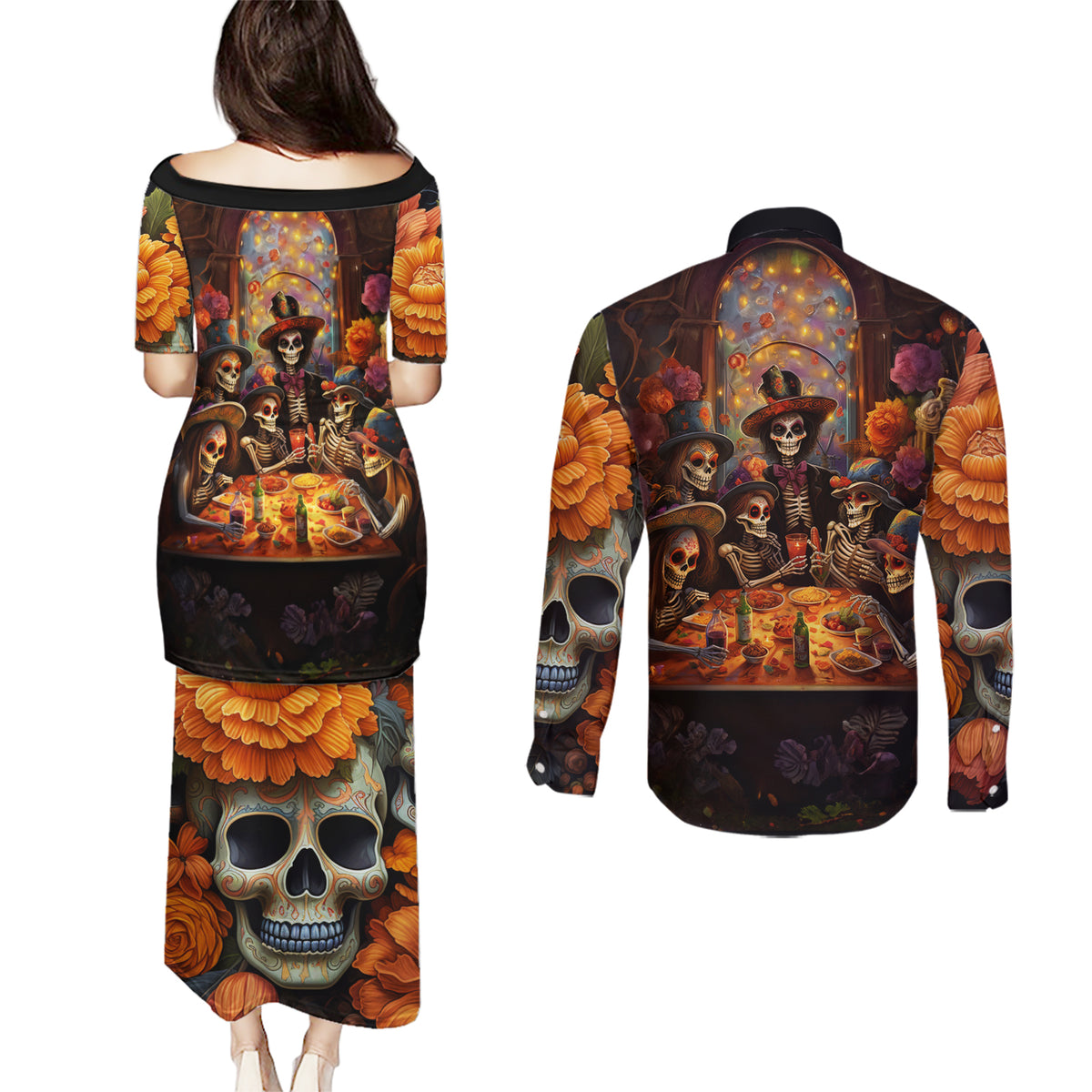 Day of Dead Festival Couples Matching Puletasi Dress and Long Sleeve Button Shirt Sugar Skull Party Family - Wonder Print Shop