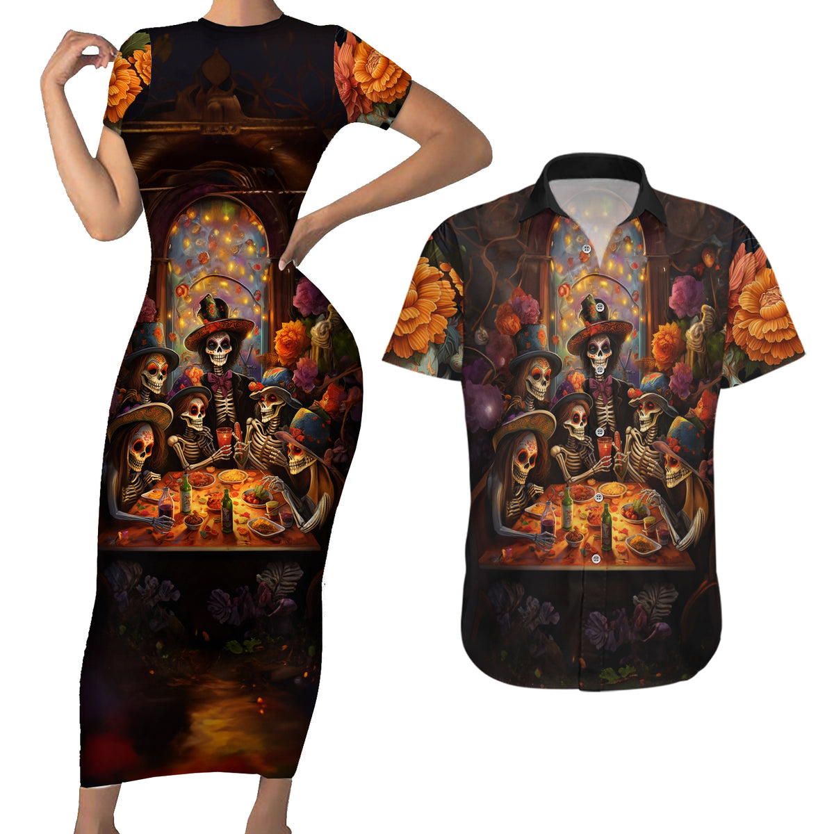 Day of Dead Festival Couples Matching Short Sleeve Bodycon Dress and Hawaiian Shirt Sugar Skull Party Family - Wonder Print Shop