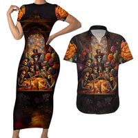 Day of Dead Festival Couples Matching Short Sleeve Bodycon Dress and Hawaiian Shirt Sugar Skull Party Family - Wonder Print Shop