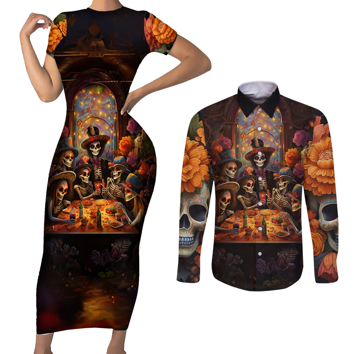 Day of Dead Festival Couples Matching Short Sleeve Bodycon Dress and Long Sleeve Button Shirt Sugar Skull Party Family - Wonder Print Shop