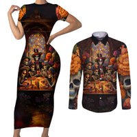 Day of Dead Festival Couples Matching Short Sleeve Bodycon Dress and Long Sleeve Button Shirt Sugar Skull Party Family - Wonder Print Shop