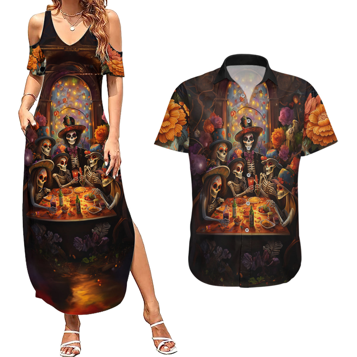 Day of Dead Festival Couples Matching Summer Maxi Dress and Hawaiian Shirt Sugar Skull Party Family - Wonder Print Shop