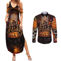 Day of Dead Festival Couples Matching Summer Maxi Dress and Long Sleeve Button Shirt Sugar Skull Party Family - Wonder Print Shop