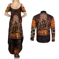 Day of Dead Festival Couples Matching Summer Maxi Dress and Long Sleeve Button Shirt Sugar Skull Party Family - Wonder Print Shop