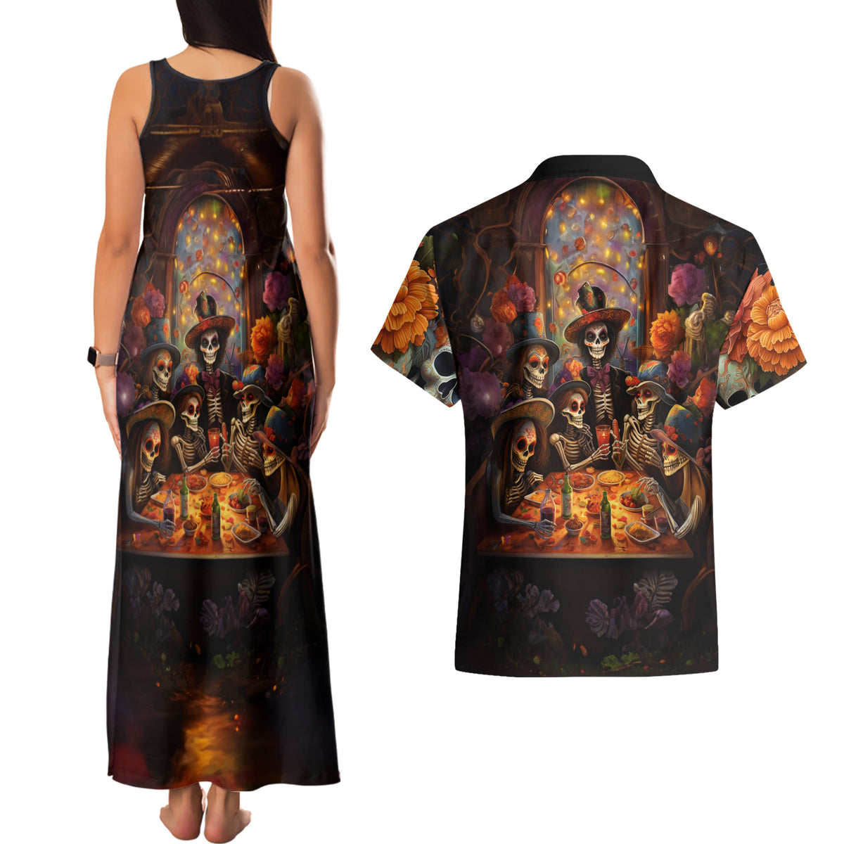 Day of Dead Festival Couples Matching Tank Maxi Dress and Hawaiian Shirt Sugar Skull Party Family - Wonder Print Shop