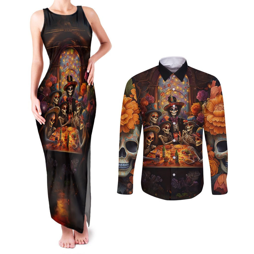 Day of Dead Festival Couples Matching Tank Maxi Dress and Long Sleeve Button Shirt Sugar Skull Party Family - Wonder Print Shop