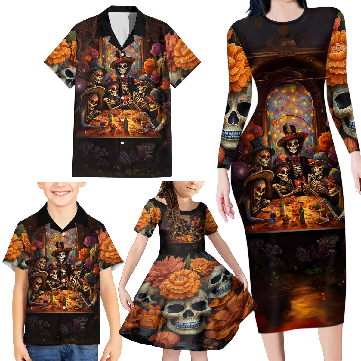 Day of Dead Festival Family Matching Long Sleeve Bodycon Dress and Hawaiian Shirt Sugar Skull Party Family - Wonder Print Shop