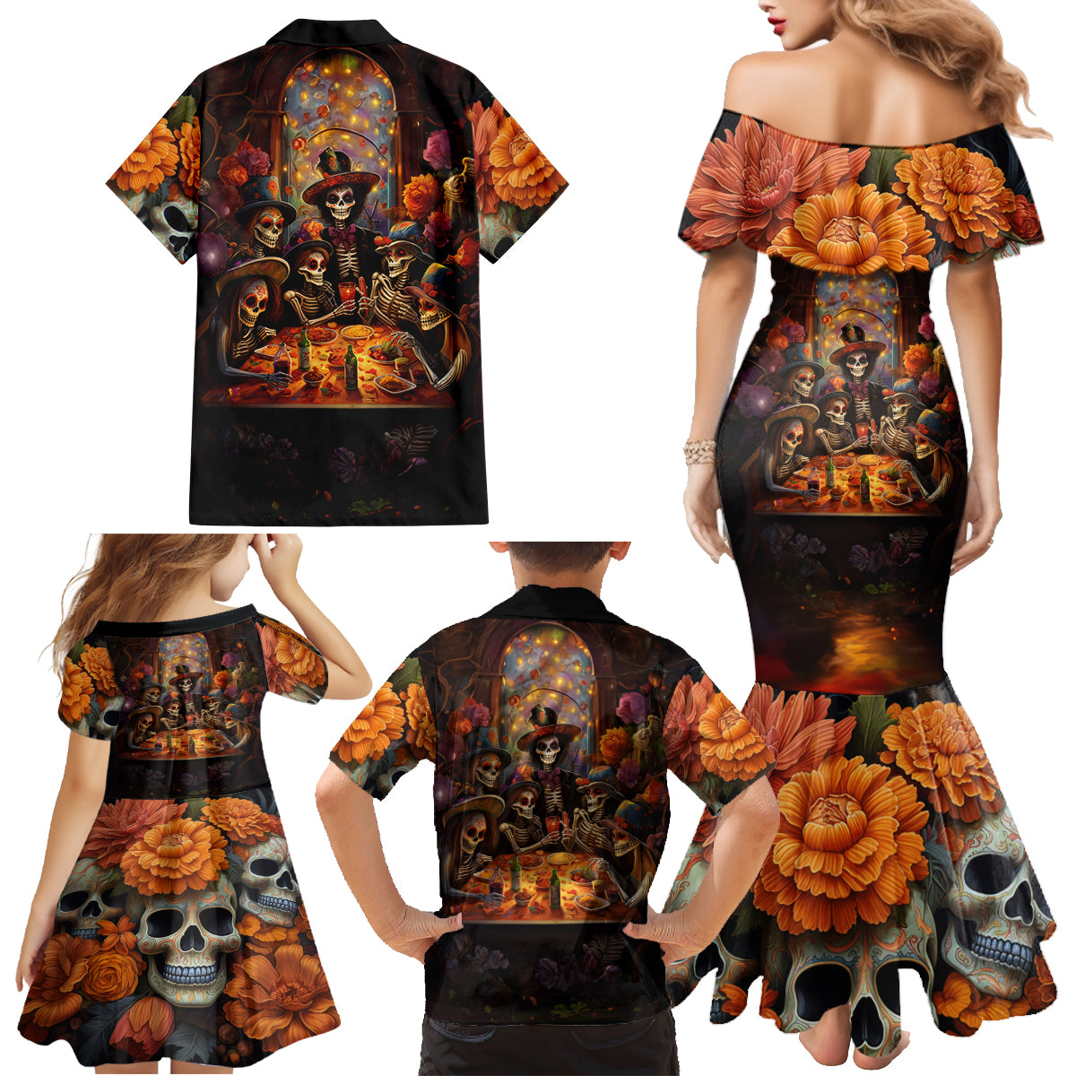 Day of Dead Festival Family Matching Mermaid Dress and Hawaiian Shirt Sugar Skull Party Family - Wonder Print Shop