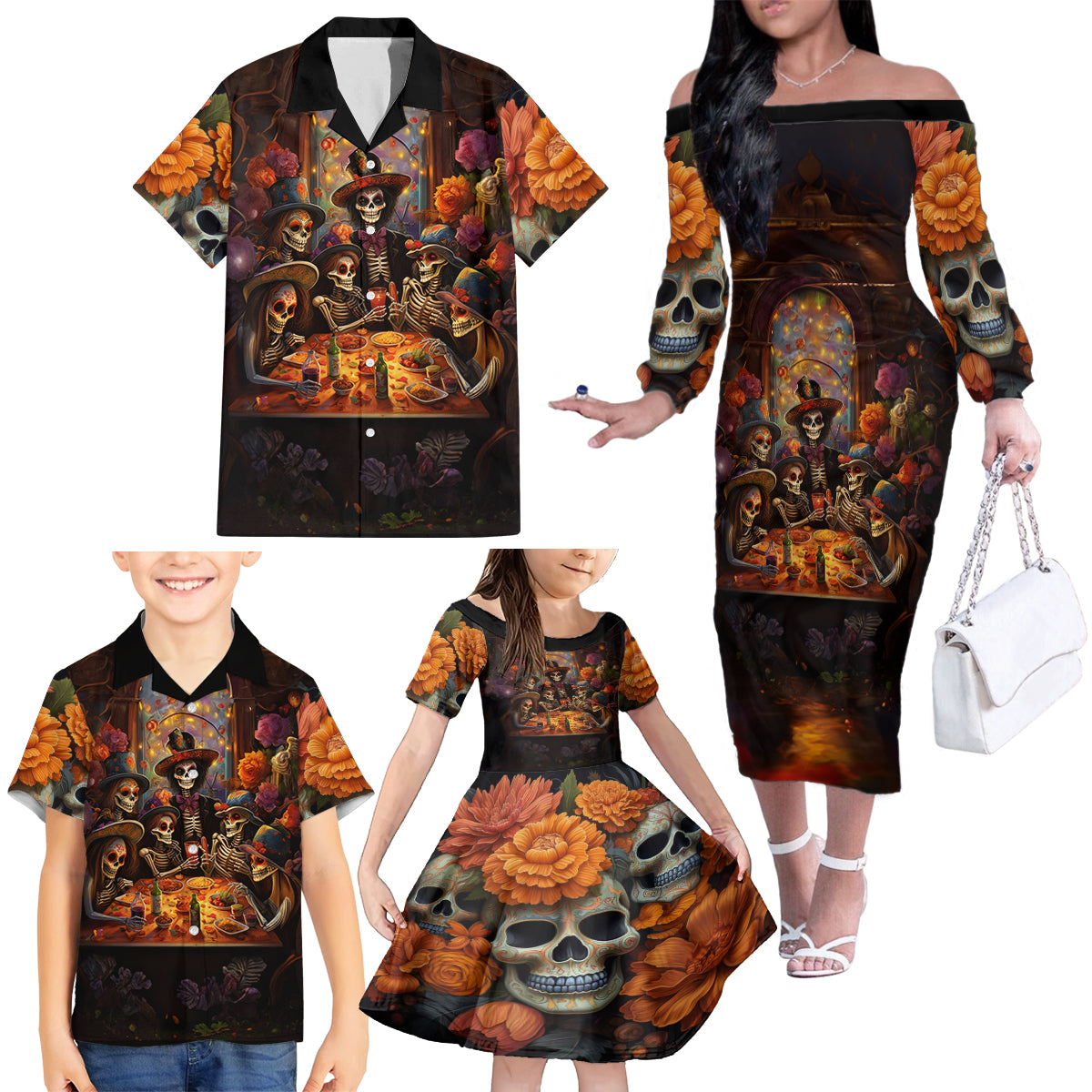 Day of Dead Festival Family Matching Off Shoulder Long Sleeve Dress and Hawaiian Shirt Sugar Skull Party Family - Wonder Print Shop