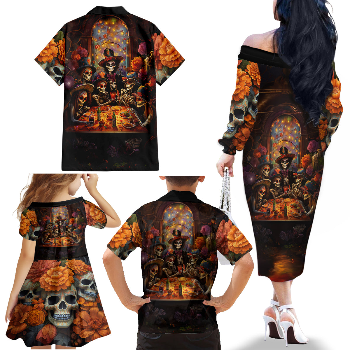 Day of Dead Festival Family Matching Off Shoulder Long Sleeve Dress and Hawaiian Shirt Sugar Skull Party Family - Wonder Print Shop