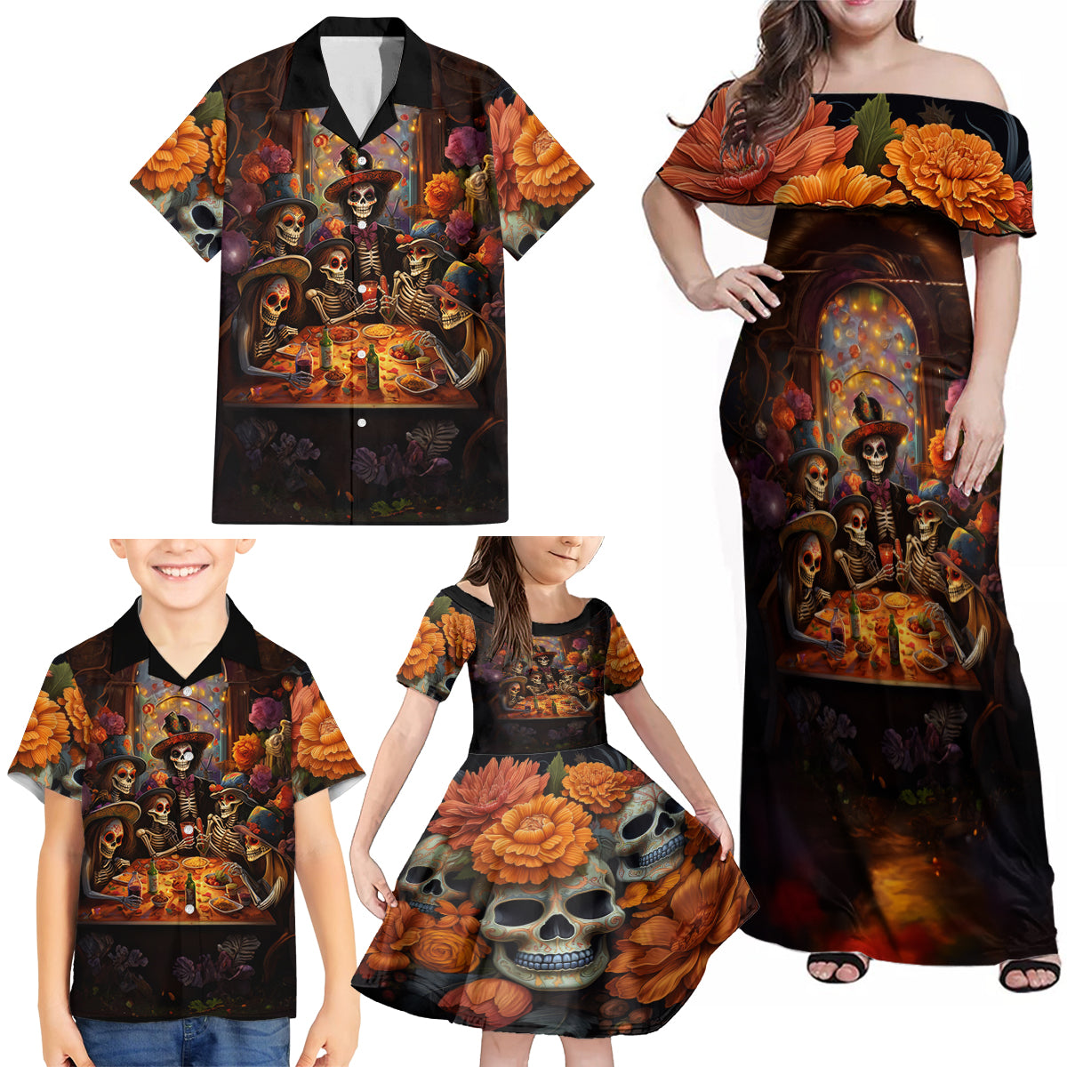 Day of Dead Festival Family Matching Off Shoulder Maxi Dress and Hawaiian Shirt Sugar Skull Party Family - Wonder Print Shop