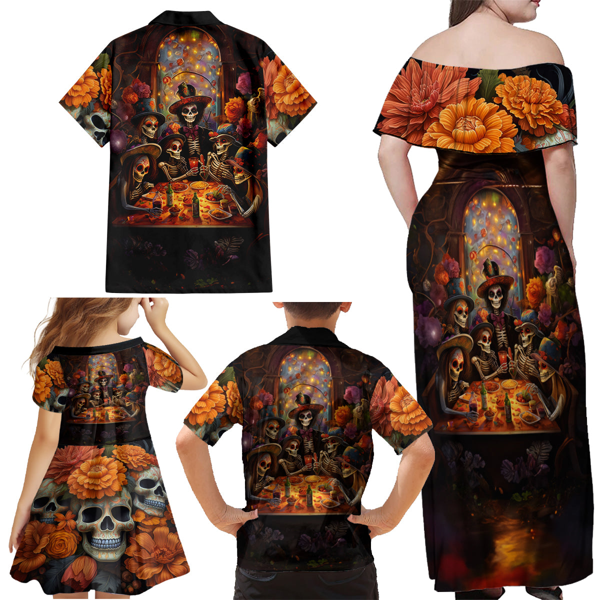 Day of Dead Festival Family Matching Off Shoulder Maxi Dress and Hawaiian Shirt Sugar Skull Party Family - Wonder Print Shop