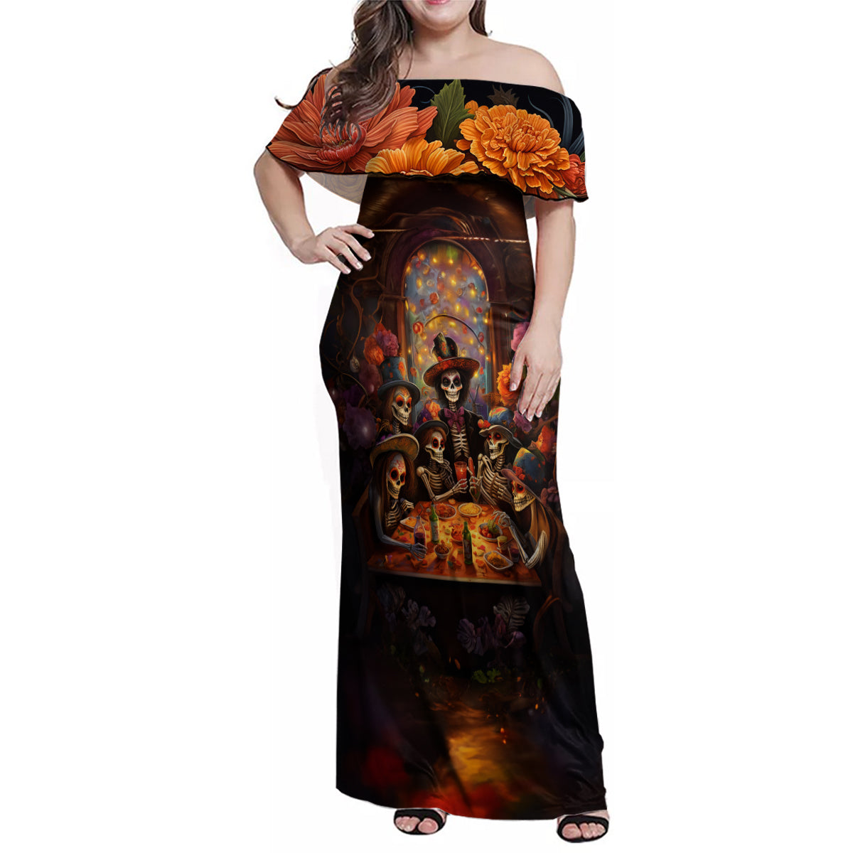 Day of Dead Festival Family Matching Off Shoulder Maxi Dress and Hawaiian Shirt Sugar Skull Party Family - Wonder Print Shop
