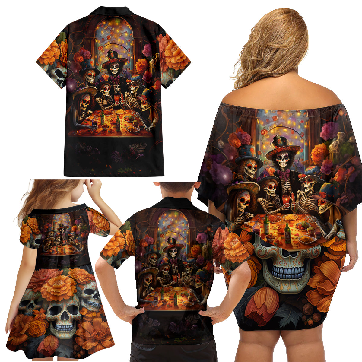 Day of Dead Festival Family Matching Off Shoulder Short Dress and Hawaiian Shirt Sugar Skull Party Family - Wonder Print Shop