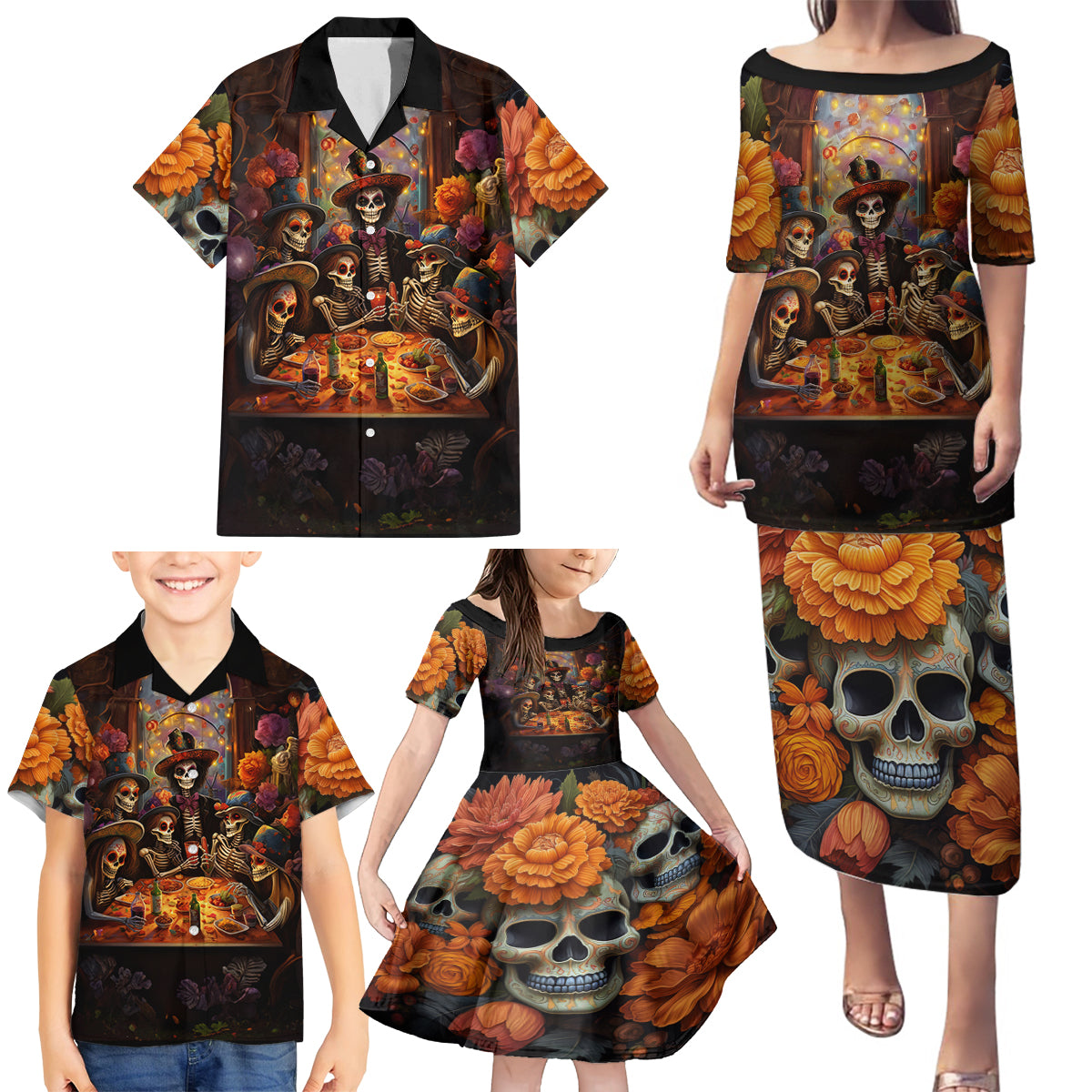 Day of Dead Festival Family Matching Puletasi Dress and Hawaiian Shirt Sugar Skull Party Family - Wonder Print Shop