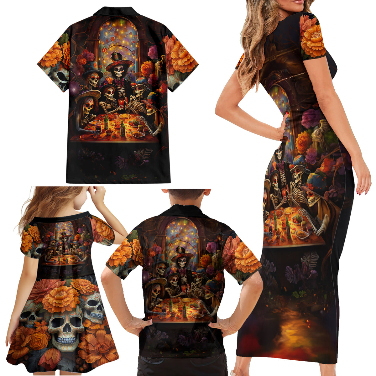 Day of Dead Festival Family Matching Short Sleeve Bodycon Dress and Hawaiian Shirt Sugar Skull Party Family - Wonder Print Shop