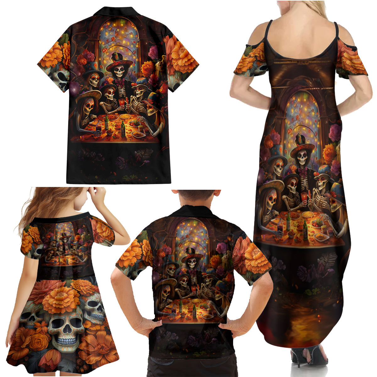 Day of Dead Festival Family Matching Summer Maxi Dress and Hawaiian Shirt Sugar Skull Party Family - Wonder Print Shop