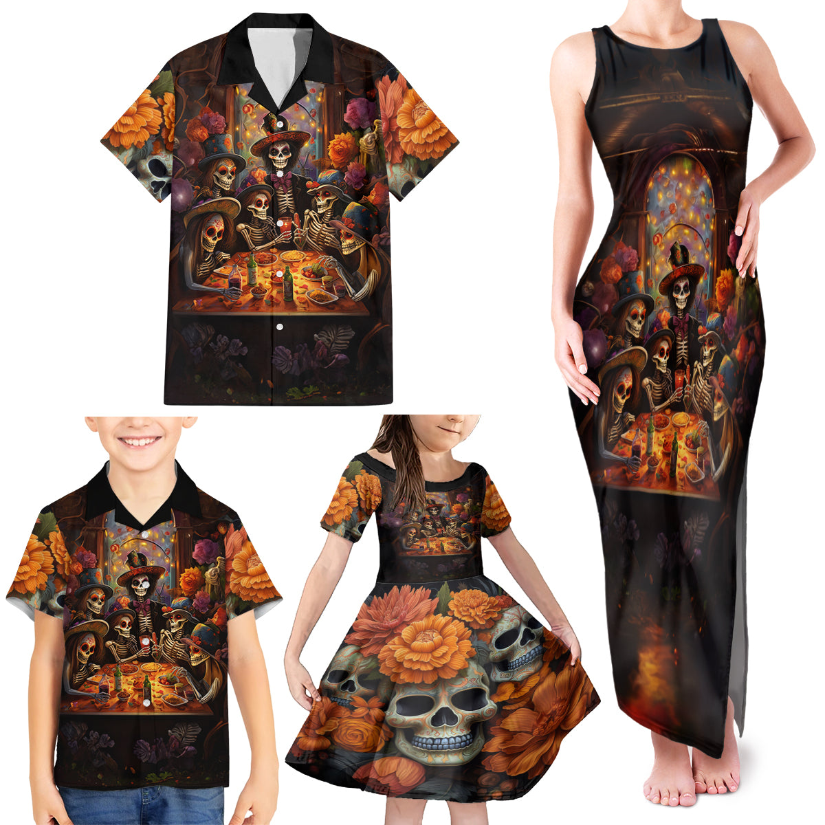 Day of Dead Festival Family Matching Tank Maxi Dress and Hawaiian Shirt Sugar Skull Party Family - Wonder Print Shop