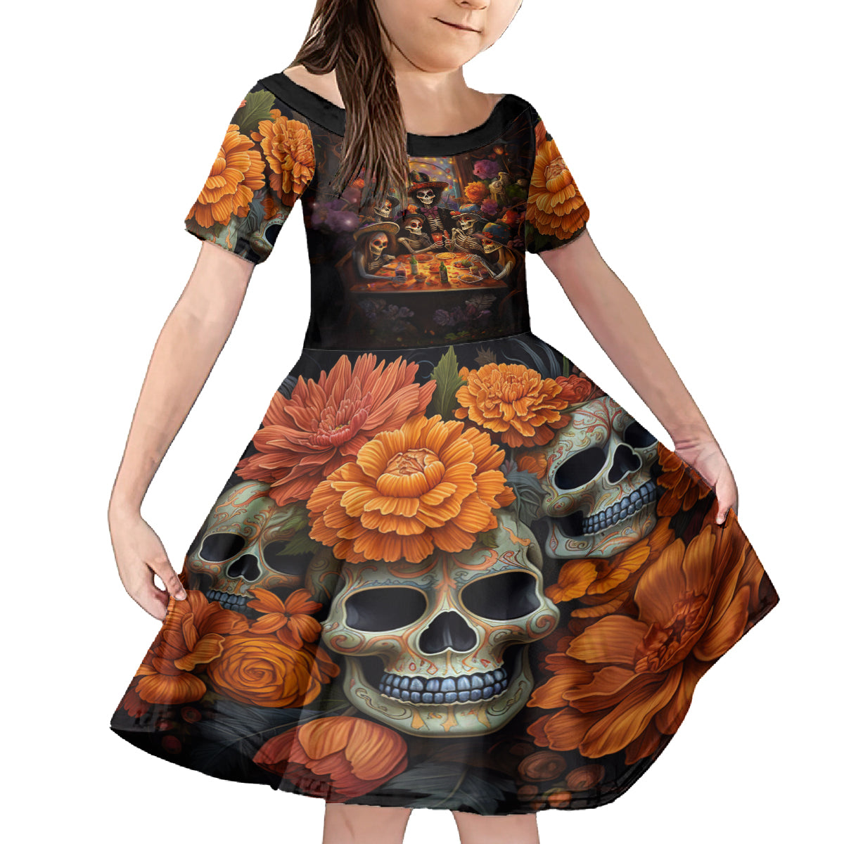 Day of Dead Festival Kid Short Sleeve Dress Sugar Skull Party Family - Wonder Print Shop