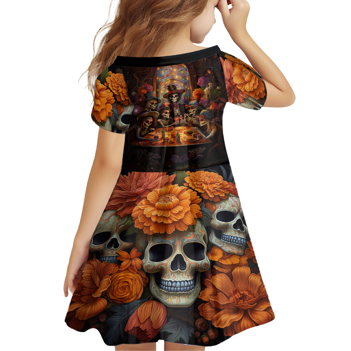 Day of Dead Festival Kid Short Sleeve Dress Sugar Skull Party Family - Wonder Print Shop