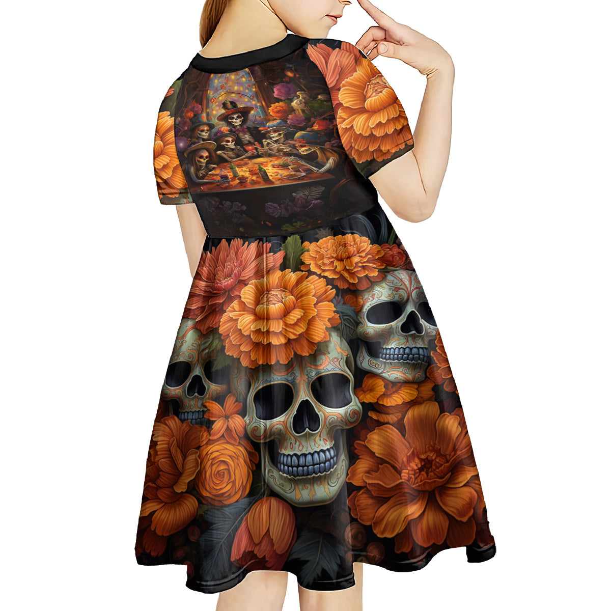 Day of Dead Festival Kid Short Sleeve Dress Sugar Skull Party Family - Wonder Print Shop