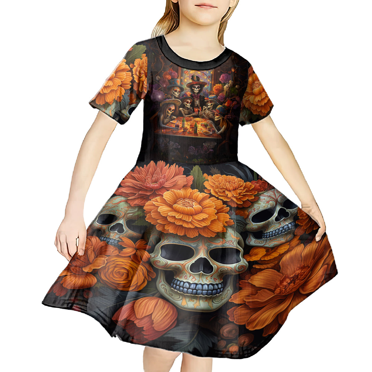 Day of Dead Festival Kid Short Sleeve Dress Sugar Skull Party Family - Wonder Print Shop